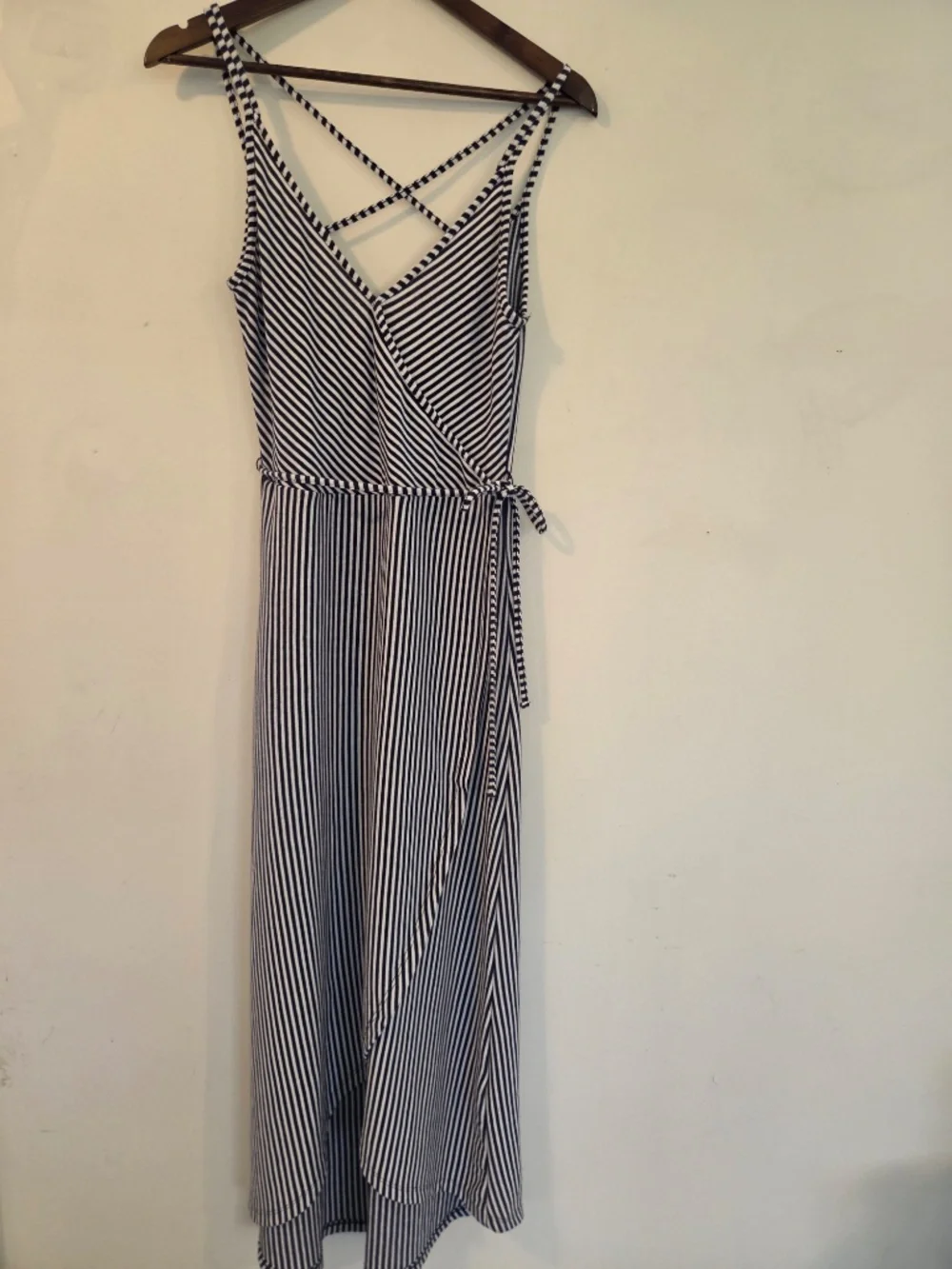 Striped faux wrap blue/white stripe long midi dress S summer coastal preppy knit - Picture 4 of 13